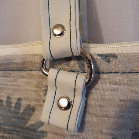 New Floral Vinyl Double handle Shoulder Satchel Bag Purse Greige Teal Canva Boho - Picture 9 of 10